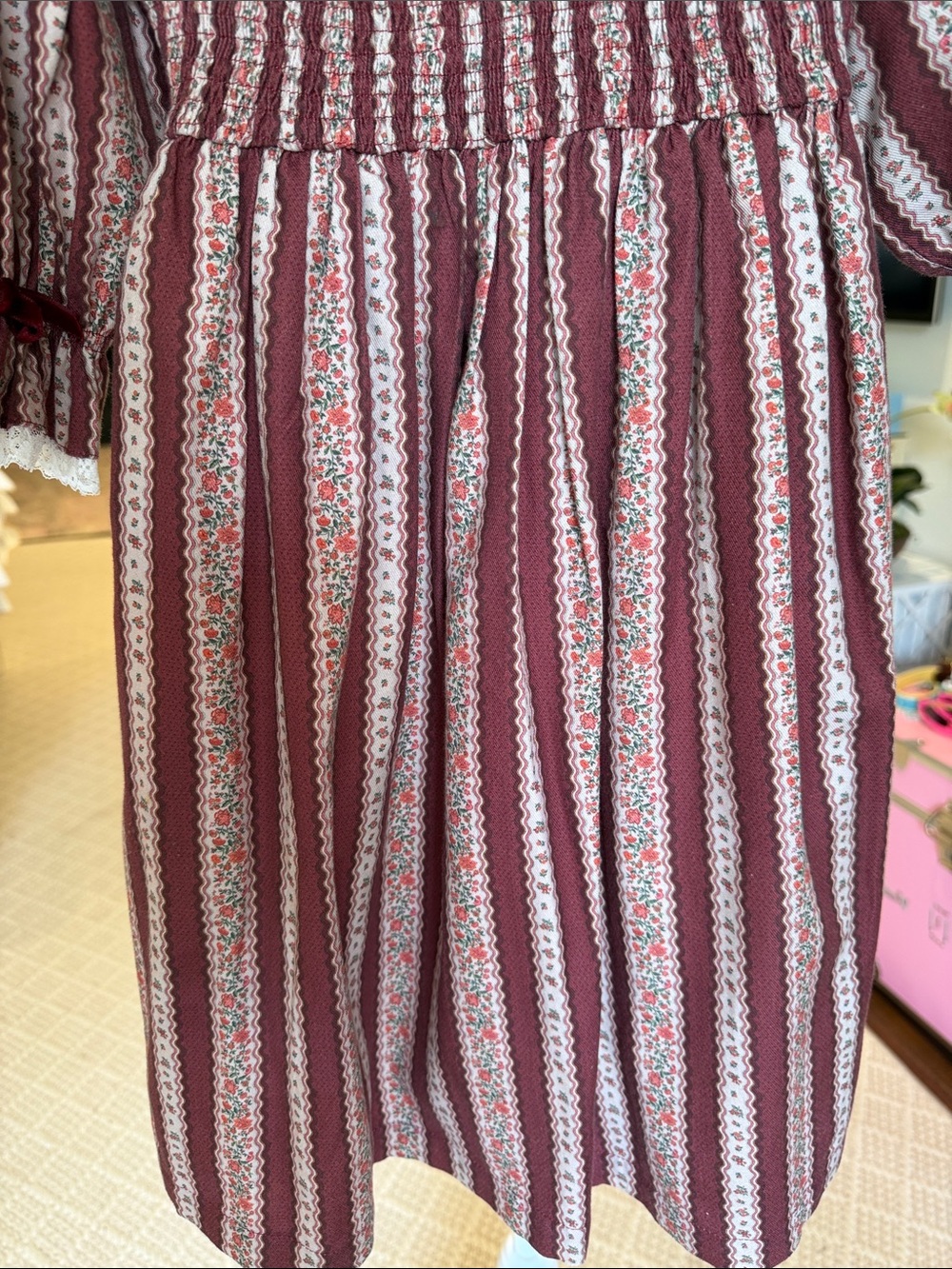 La Coqueta - Girls Burgundy Floral Striped Hand Smocked Dress - Size: 8Y - Picture 3 of 10
